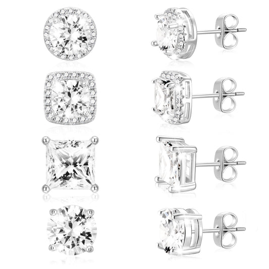 APSVO 4 Pairs 18K White Gold Plated Halo Stud Earrings for Women Men C