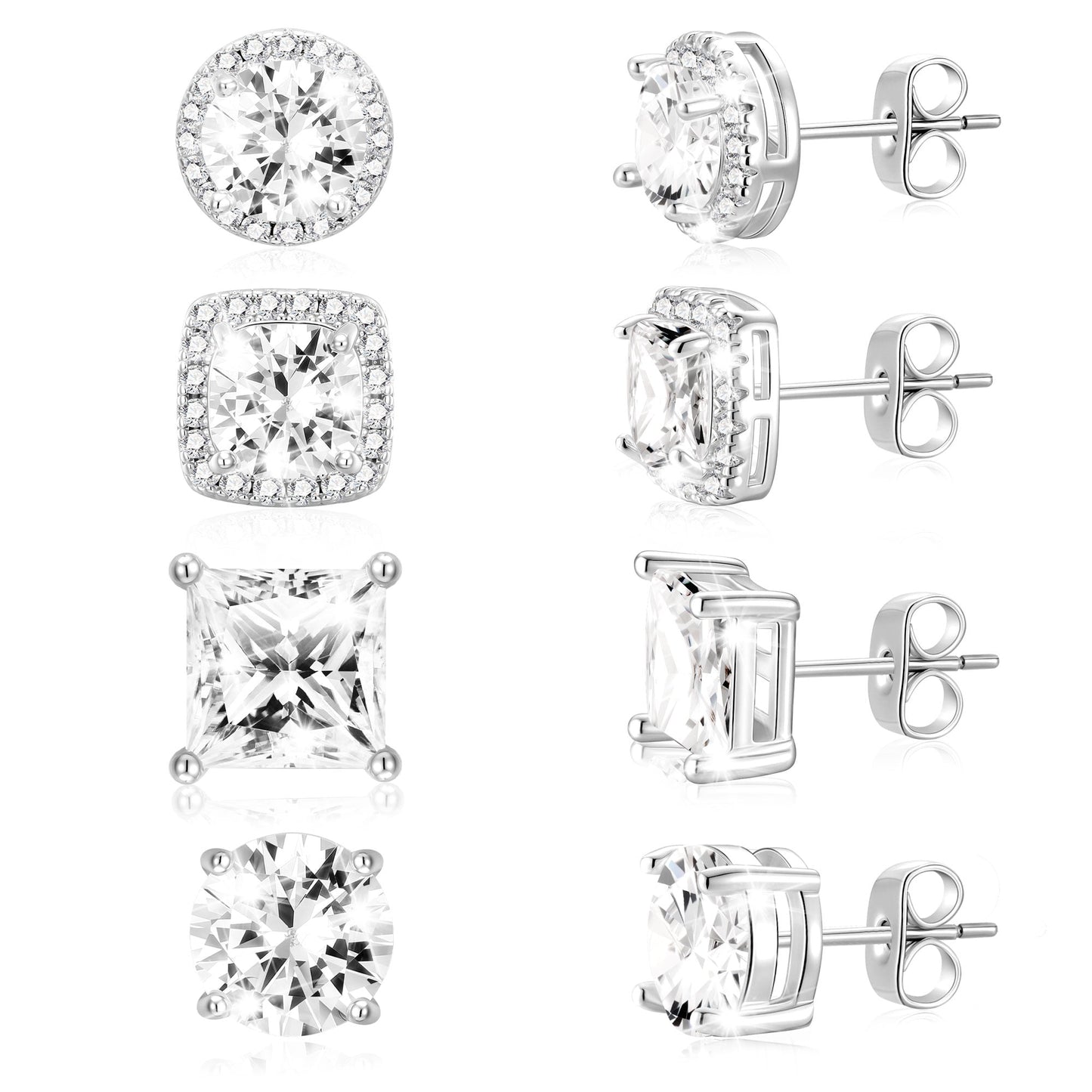 APSVO 4 Pairs 18K White Gold Plated Halo Stud Earrings for Women Men C