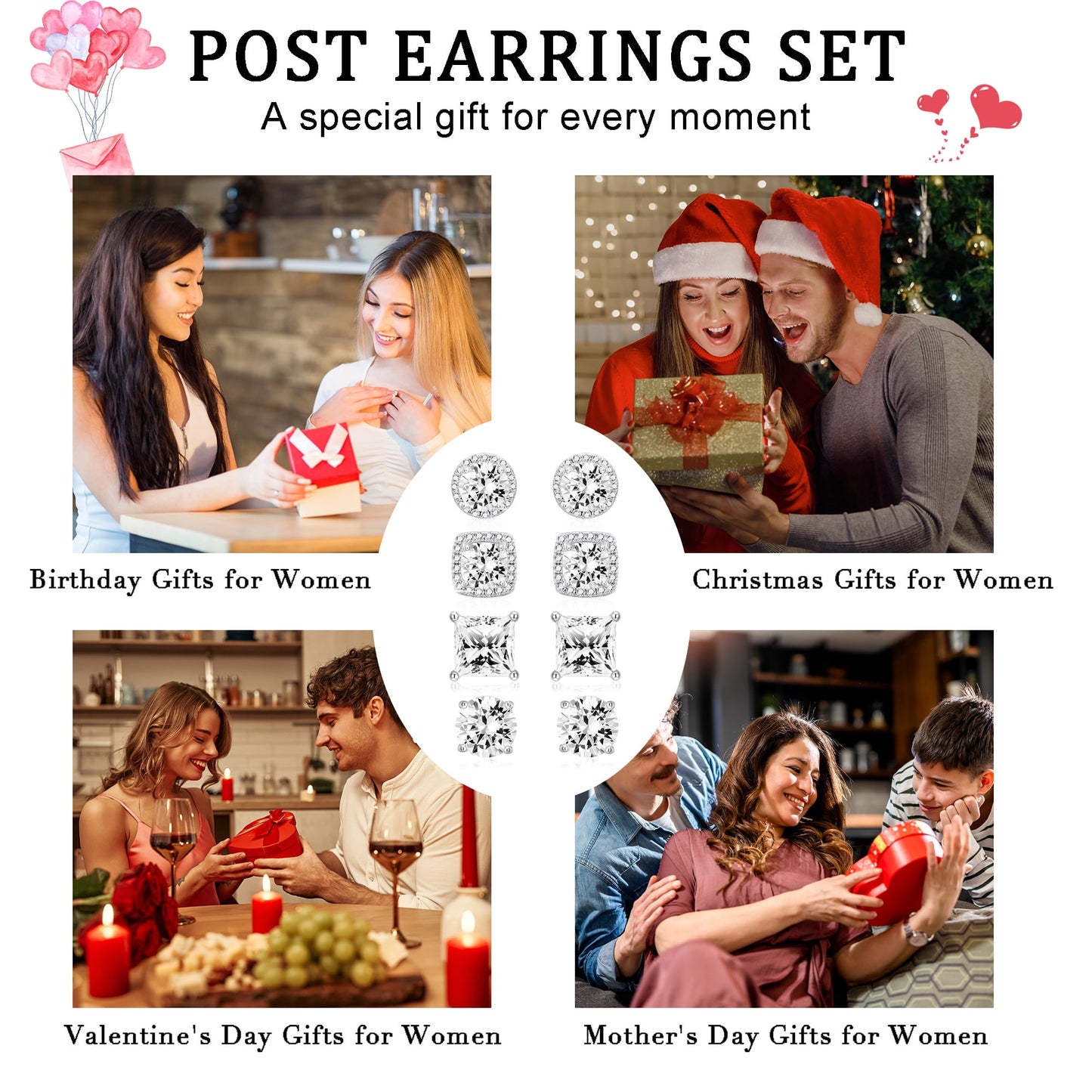 APSVO 4 Pairs 18K White Gold Plated Halo Stud Earrings for Women Men C